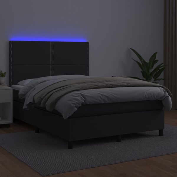 vidaXL Cama box spring colch&oacute;n y LED cuero sint&eacute;tico negro 140x190 cm