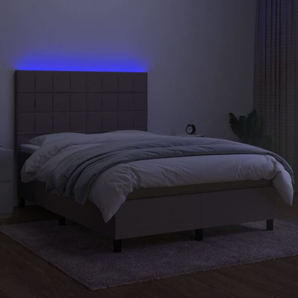 vidaXL Cama box spring colch&oacute;n y luces LED tela gris taupe 140x200 cm