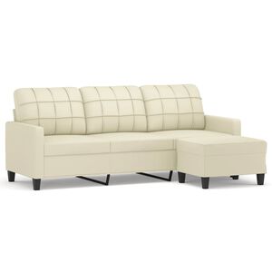 vidaXL Sof&aacute; de 3 plazas con taburete cuero sint&eacute;tico crema 180 cm