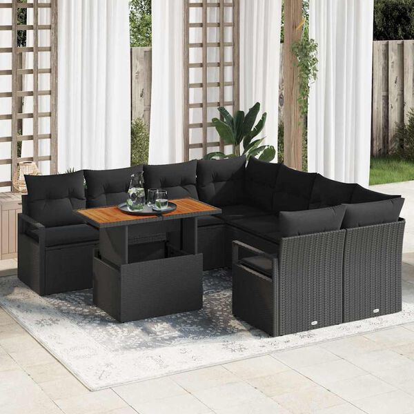 vidaXL Conjunto de sof&aacute; de jard&iacute;n 9 pcs Negro Polirat&aacute;n
