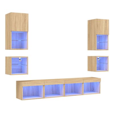 vidaXL Muebles TV pared con LED 8 pzas madera ingeniería roble Sonoma