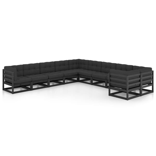 vidaXL Set de muebles de jard&iacute;n 10 pzas con cojines madera pino negro