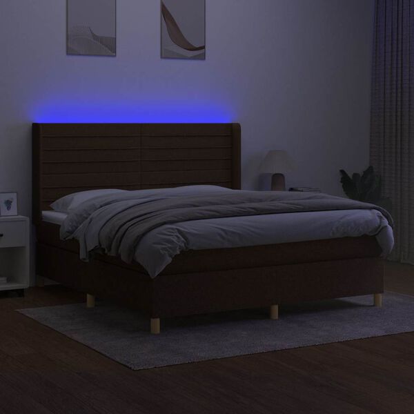vidaXL Cama box spring colch&oacute;n luces LED tela marr&oacute;n oscuro 180x200cm