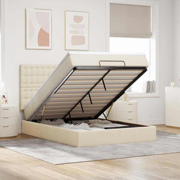 vidaXL Estructura de cama otomana con colch&oacute;n tela crema 140x190cm