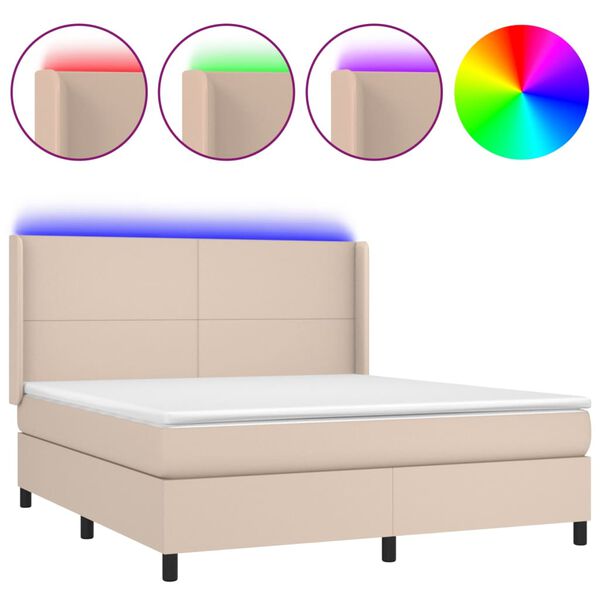 vidaXL Cama box spring colch&oacute;n LED cuero sint&eacute;tico capuchino 160x200cm