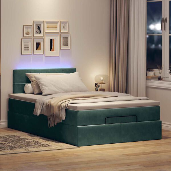 vidaXL Cama otomana con colch&oacute;n&LED terciopelo verde oscuro 120x190cm