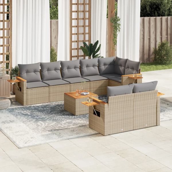 vidaXL Set de muebles de jard&iacute;n 9 pzas y cojines rat&aacute;n sint&eacute;tico gris