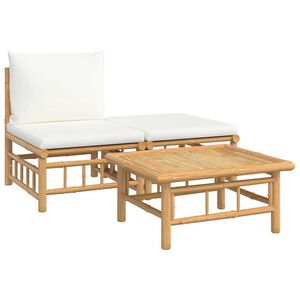 vidaXL Set de muebles de jard&iacute;n 3 piezas bamb&uacute; y cojines blanco crema