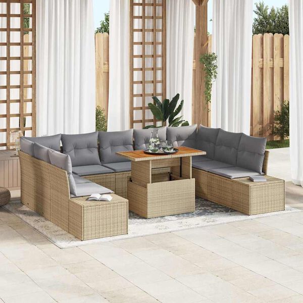 vidaXL Conjunto de sof&aacute; de jard&iacute;n 10 pcs Beige Polirat&aacute;n