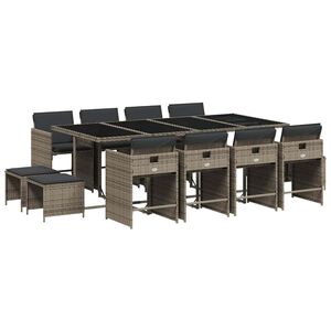 vidaXL Set comedor de jard&iacute;n con cojines 13 pzas rat&aacute;n sint&eacute;tico gris