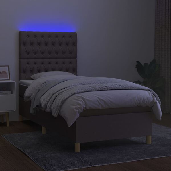 vidaXL Cama box spring colch&oacute;n y luces LED tela gris taupe 90x190 cm