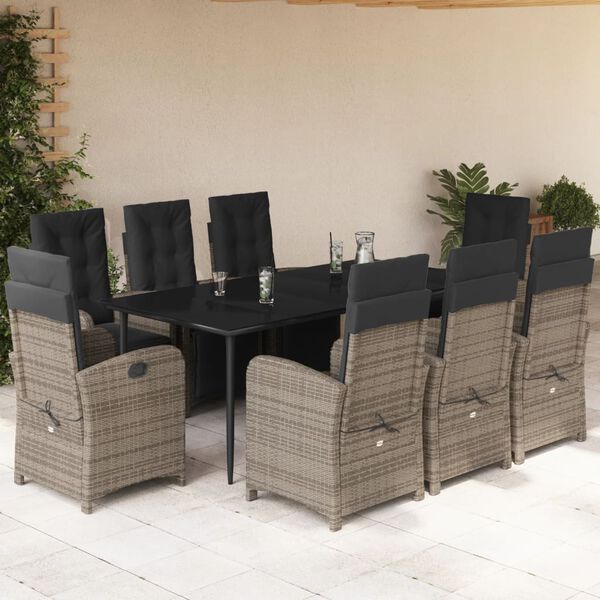 vidaXL Set comedor jard&iacute;n 9 pzas y cojines rat&aacute;n sint&eacute;tico gris
