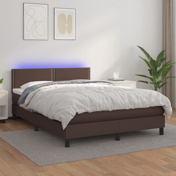 vidaXL Cama box spring colch&oacute;n y LED cuero sint&eacute;tico marr&oacute;n 140x200 cm