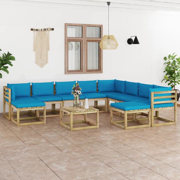 vidaXL Set de muebles de jard&iacute;n 11 pzas con cojines madera impregnada