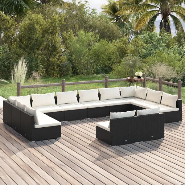 vidaXL Set de muebles de jardín 12 pzas cojines ratán sintético negro