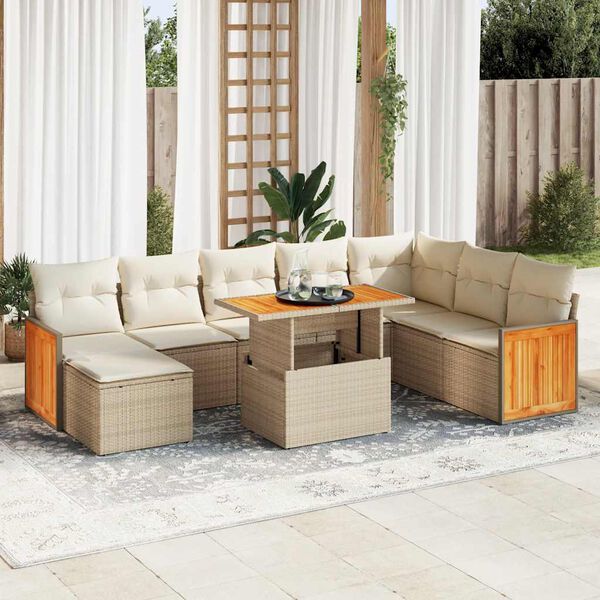 vidaXL Set sof&aacute;s jard&iacute;n y cojines 9 pzas rat&aacute;n sint&eacute;tico acacia beige