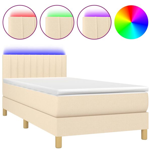 vidaXL Cama box spring con colch&oacute;n y LED tela crema 90x200 cm