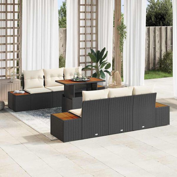 vidaXL Conjunto de sof&aacute; de jard&iacute;n 7 pcs Negro Polirat&aacute;n