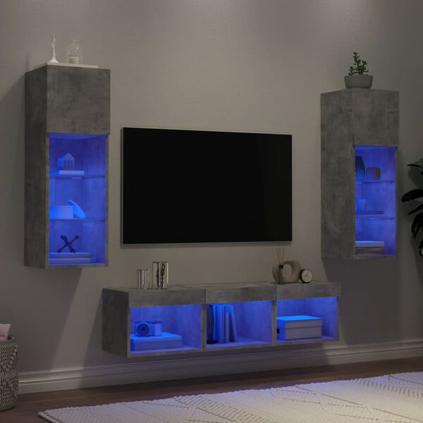 vidaXL Muebles TV pared con LED 5 pzas madera ingenier&iacute;a gris hormig&oacute;n