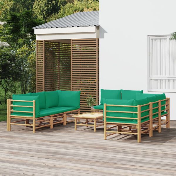 vidaXL Set de muebles de jard&iacute;n 9 piezas bamb&uacute; con cojines verde
