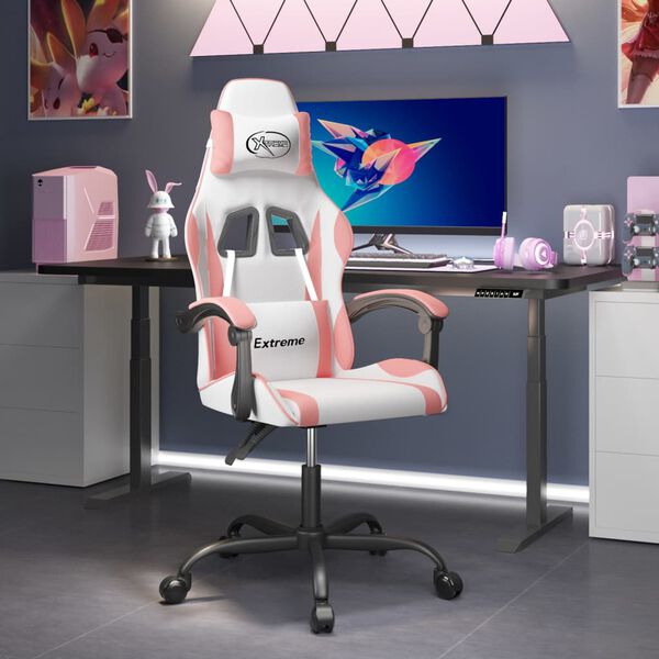 vidaXL Silla gaming giratoria cuero sintético blanco y rosa
