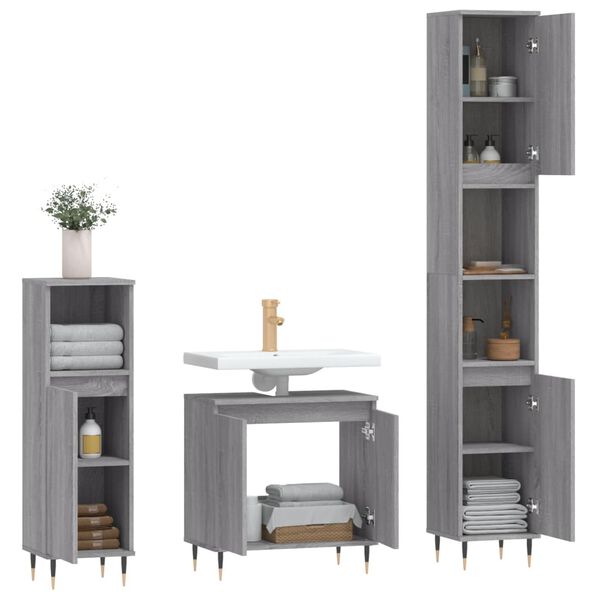 vidaXL Set de muebles de ba&ntilde;o 3 pzas madera contrachapada gris sonoma