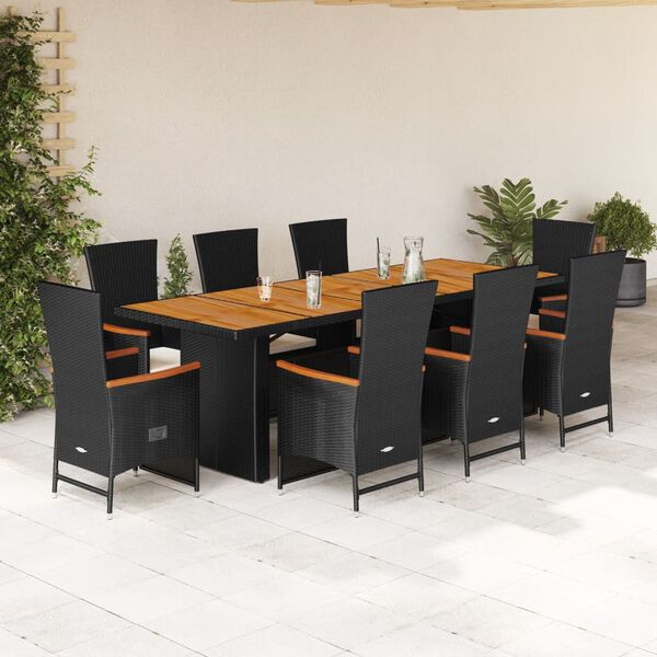 vidaXL Set de comedor de jard&iacute;n 9 pzas y cojines rat&aacute;n sint&eacute;tico negro