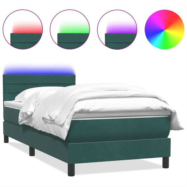 vidaXL Cama box spring con colch&oacute;n y LED terciopelo verde oscuro 90x220 cm