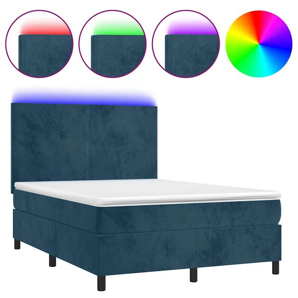 vidaXL Cama box spring colch&oacute;n y LED terciopelo azul oscuro 140x200 cm