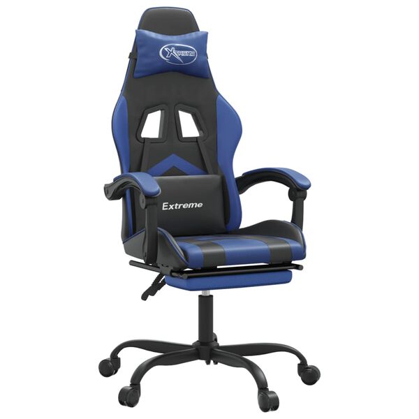 vidaXL Silla gaming giratoria y reposapi&eacute;s cuero sint&eacute;tico negro azul