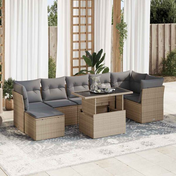 vidaXL Set de sof&aacute;s de jard&iacute;n y cojines 8 piezas rat&aacute;n sint&eacute;tico beige