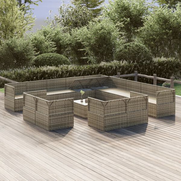 vidaXL Set de muebles de jard&iacute;n 14 pzas y cojines rat&aacute;n sint&eacute;tico gris