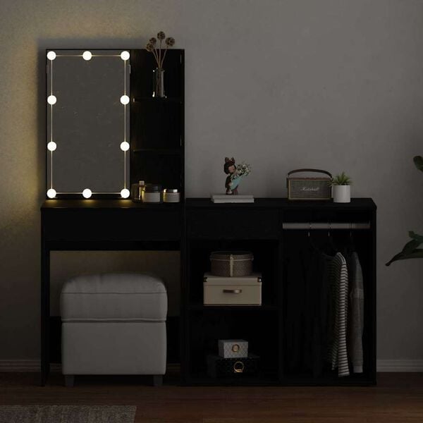 vidaXL Mesa de Maquillaje LED con cajón Roble negro 140 x 40 x 140 cm