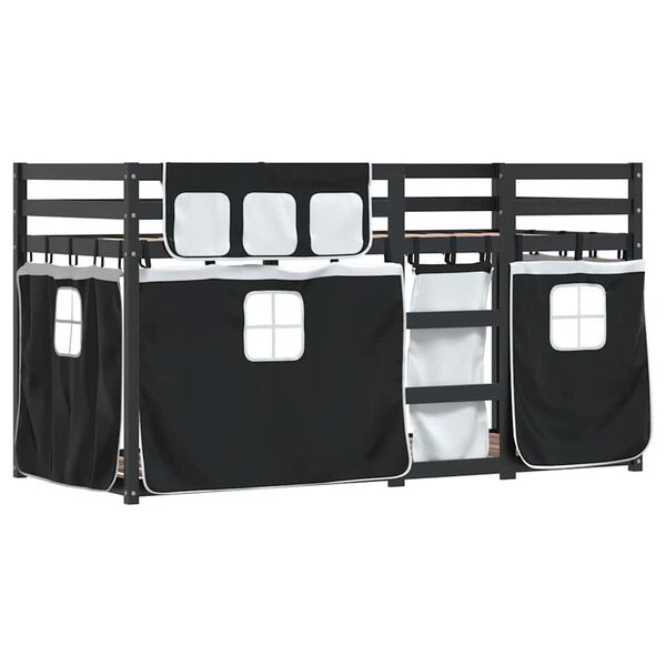 vidaXL Litera con cortinas madera maciza pino blanco y negro 90x190 cm