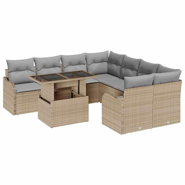 vidaXL Conjunto de sof&aacute; de jard&iacute;n 9 pcs Beige Rattan de Poli&eacute;ster