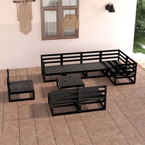 vidaXL Juego de muebles de jard&iacute;n 9 piezas negro madera maciza de pino