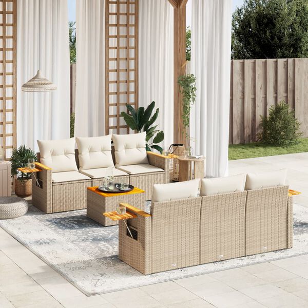 vidaXL Set sof&aacute;s de jard&iacute;n 7 piezas y cojines rat&aacute;n sint&eacute;tico beige