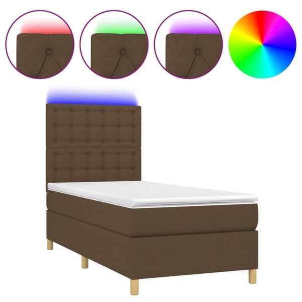 vidaXL Cama box spring colch&oacute;n y luces LED tela marr&oacute;n oscuro 80x200cm