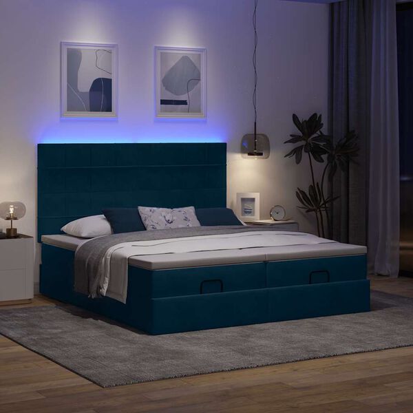 vidaXL Cama otomana con colchones y luces LED azul oscuro 200x200 cm