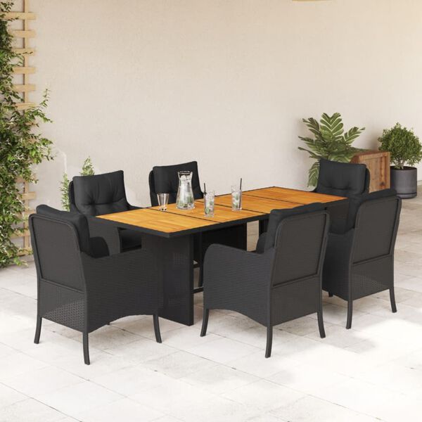 vidaXL Set de comedor de jard&iacute;n 7 pzas y cojines rat&aacute;n sint&eacute;tico negro