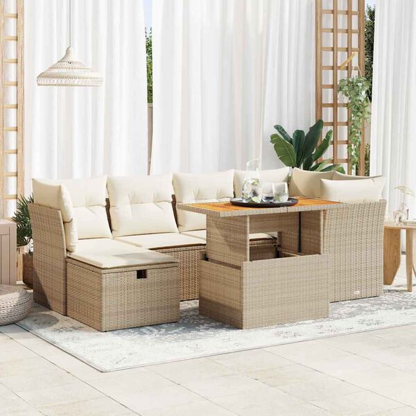 vidaXL Set sof&aacute;s jard&iacute;n y cojines 7 pzas rat&aacute;n sint&eacute;tico acacia beige