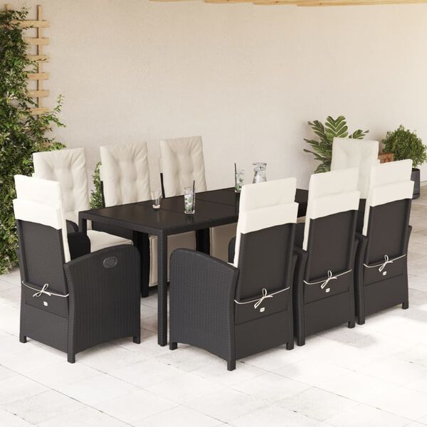 vidaXL Set de comedor de jard&iacute;n 9 pzas y cojines rat&aacute;n sint&eacute;tico negro