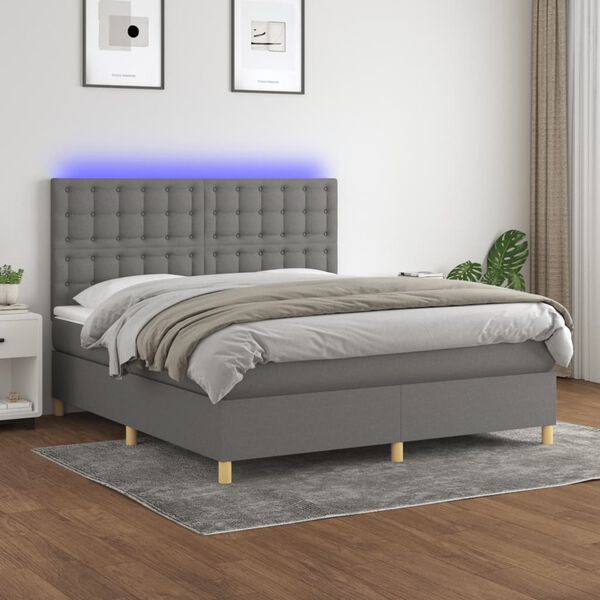 vidaXL Cama box spring colch&oacute;n y luces LED tela gris oscuro 180x200 cm