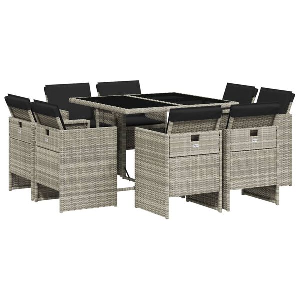 vidaXL Set comedor de jard&iacute;n 9 pzas cojines rat&aacute;n sint&eacute;tico gris claro