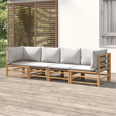 vidaXL Set de muebles de jardín 4 piezas bambú y cojines gris claro