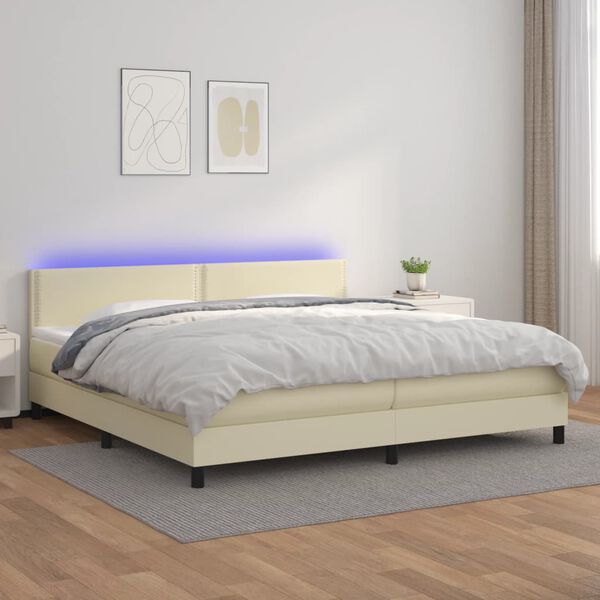 vidaXL Cama box spring colch&oacute;n y LED cuero sint&eacute;tico crema 200x200 cm
