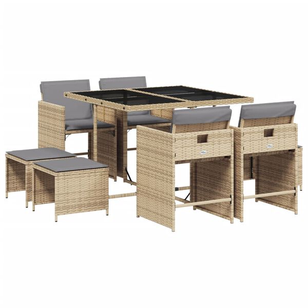 vidaXL Set comedor de jard&iacute;n 9 pzas con cojines rat&aacute;n sint&eacute;tico beige