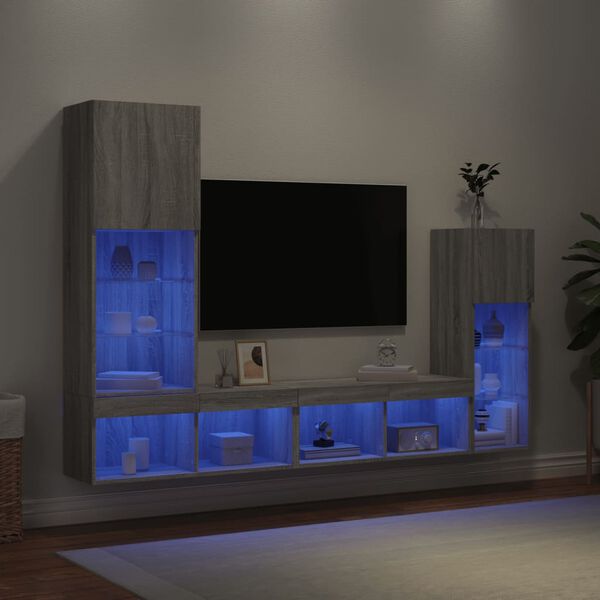 vidaXL Muebles TV pared con LED 4 pzas madera ingenier&iacute;a gris Sonoma
