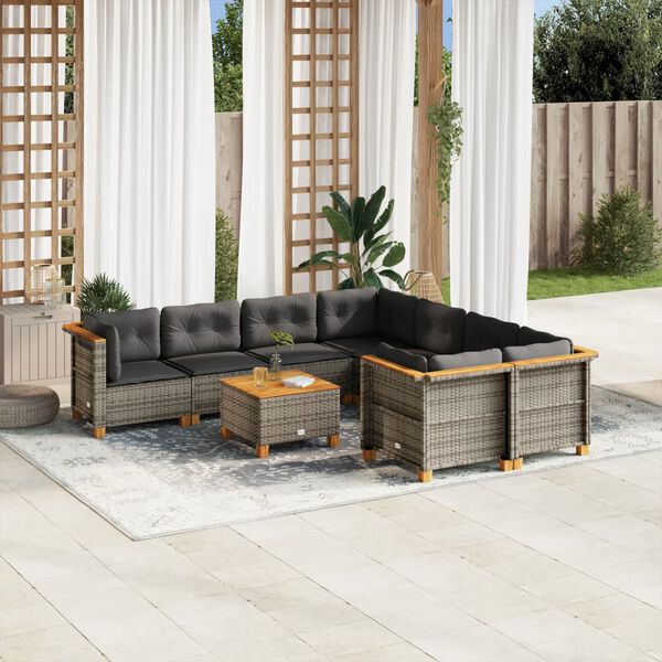 vidaXL Set de muebles de jard&iacute;n 9 pzas y cojines rat&aacute;n sint&eacute;tico gris