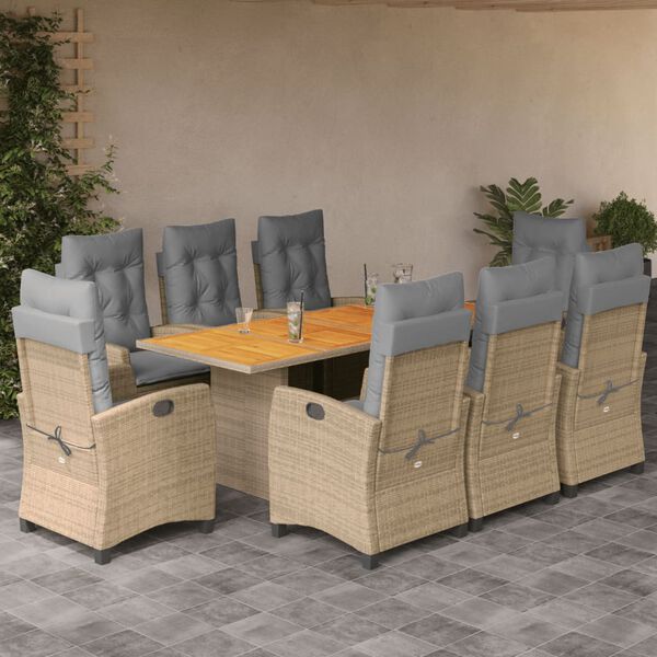 vidaXL Set comedor de jard&iacute;n 9 pzas con cojines rat&aacute;n sint&eacute;tico beige